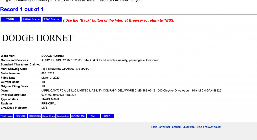 Dodge Hornet trademark Dodge Hornet trademark