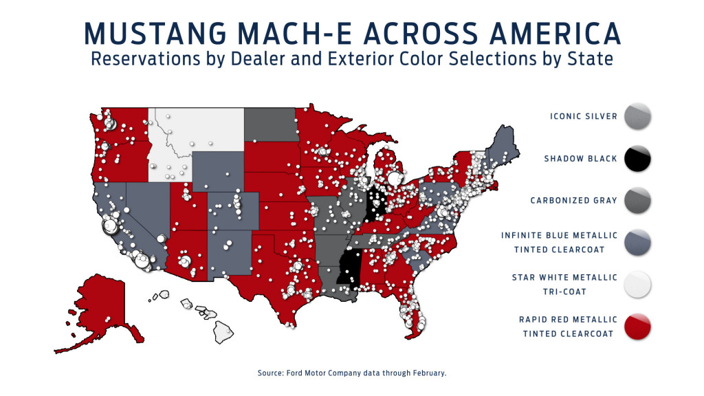 Ford Mach-E reservations by dealership and popular color by state - March 2020