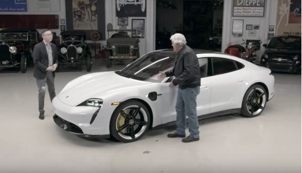 Jay Leno inspects the 2020 Porsche Taycan Turbo S