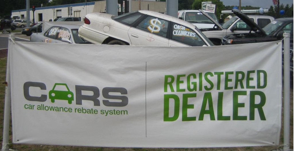 Cash for Clunkers banner with Mercury Sable, Albany, New York Cash for Clunkers banner with Mercury Sable, Albany, New York