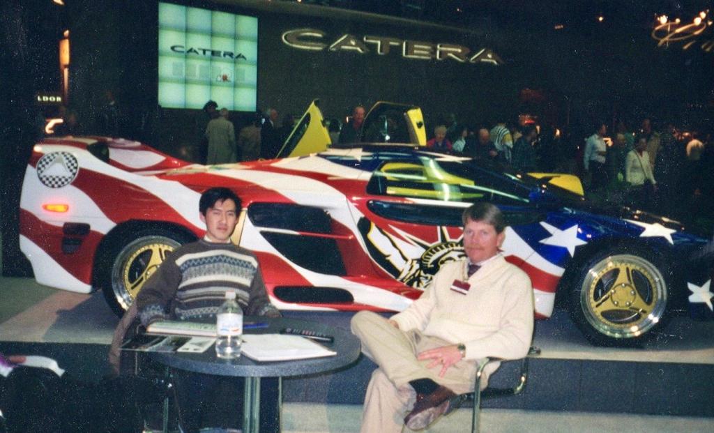 Vector M12 debut at the 1996 Detroit auto show with engineers Don Kamarga and Tom Foley, photo by Don Kamarga