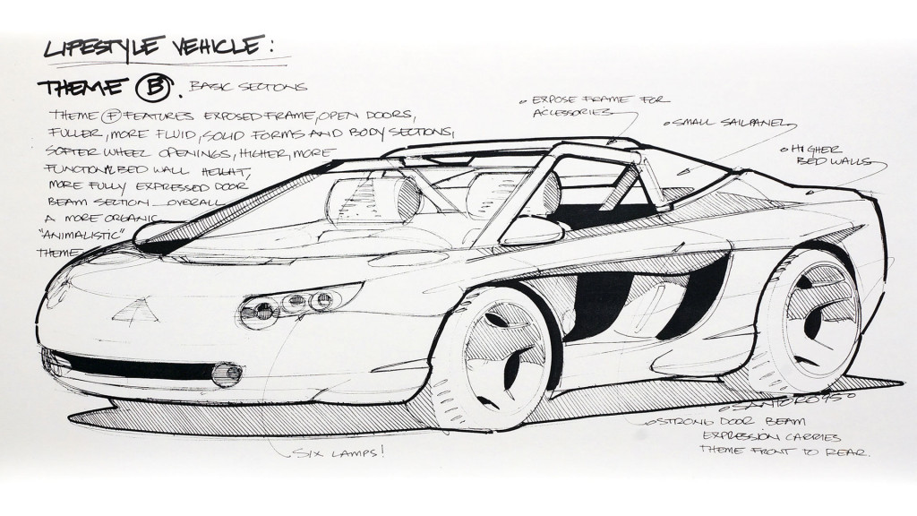 Vector open-top 2+2 lifestyle vehicle with an El Camino-like bed sketch by Michael Santoro
