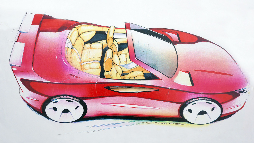 Vector ront-engine 2+2 hardtop convertible sketch by Michael Santoro