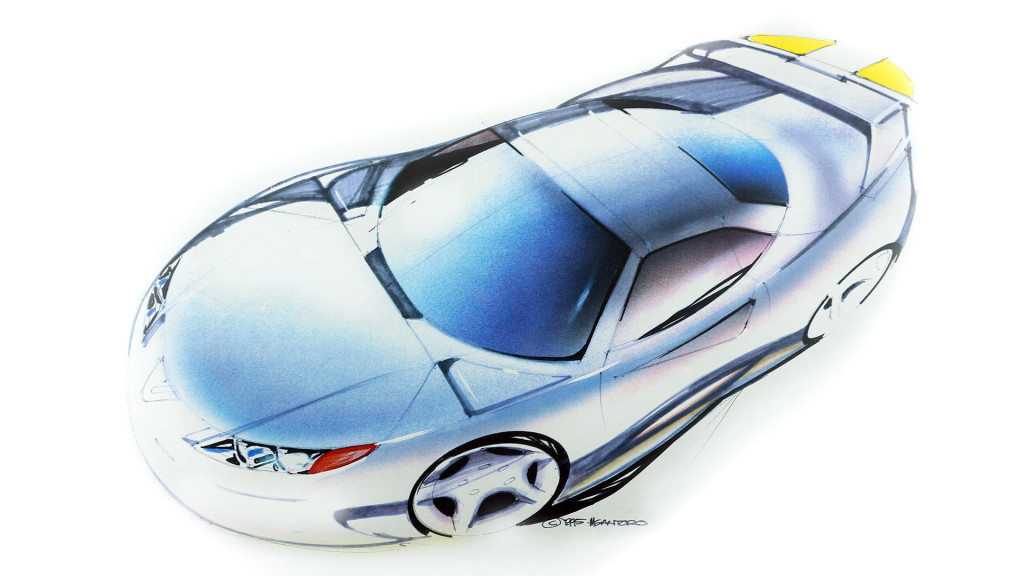 Vector ront-engine 2+2 hardtop convertible sketch by Michael Santoro