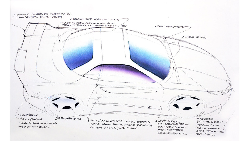 Vector ront-engine 2+2 hardtop convertible sketch by Michael Santoro