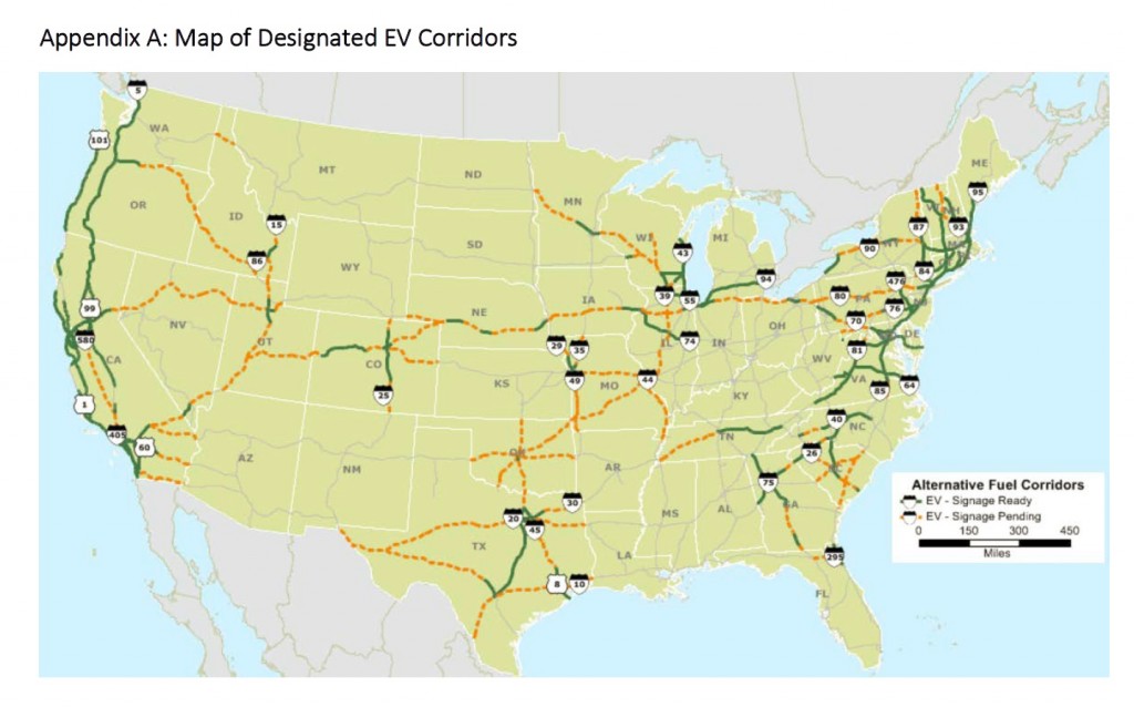 Federal Highway Administration map of designated electric-car charging corridors across U.S., 2016