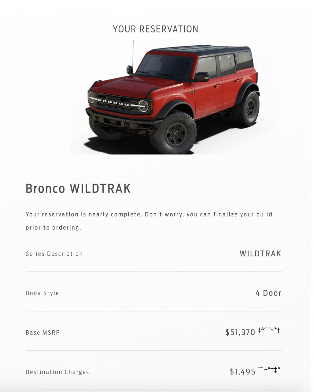 Ford Bronco Reservation Screen