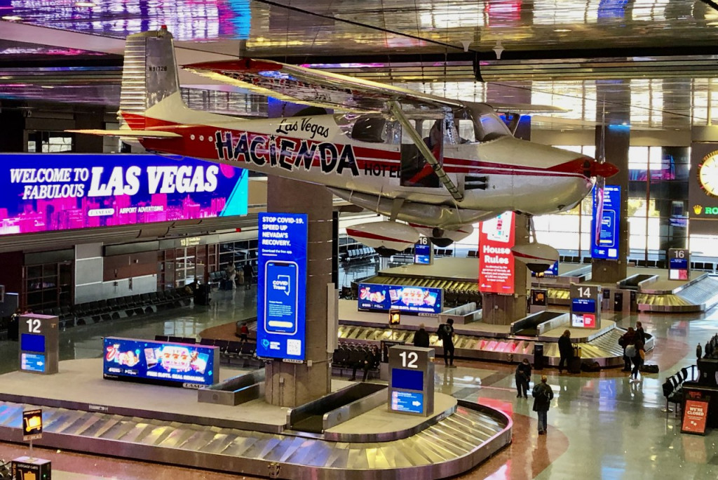 Hacienda Cessna 172 hangs above baggage claim