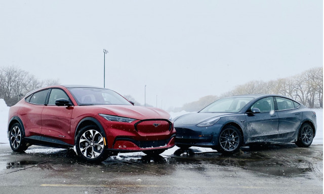 2021 Ford Mustang Mach-E, left, and 2021 Tesla Model 3, right