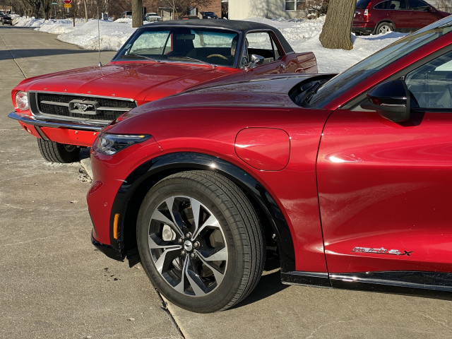 2021 Ford Mustang Mach-E and 1967 Ford Mustang coupe