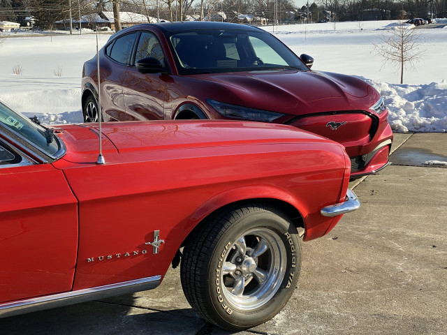 2021 Ford Mustang Mach-E and 1967 Ford Mustang coupe