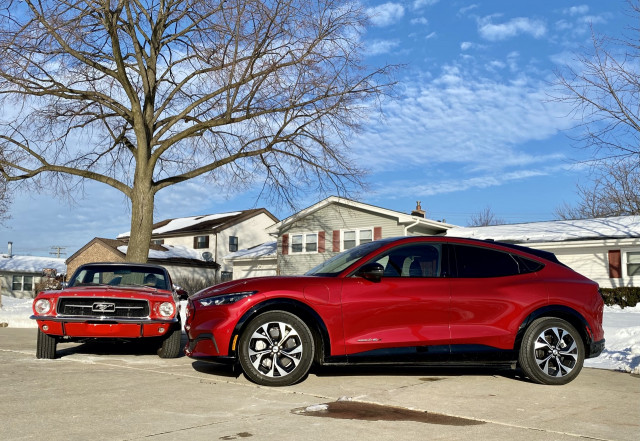 2021 Ford Mustang Mach-E and 1967 Ford Mustang coupe