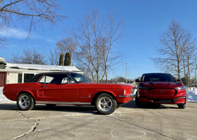 2021 Ford Mustang Mach-E and 1967 Ford Mustang coupe