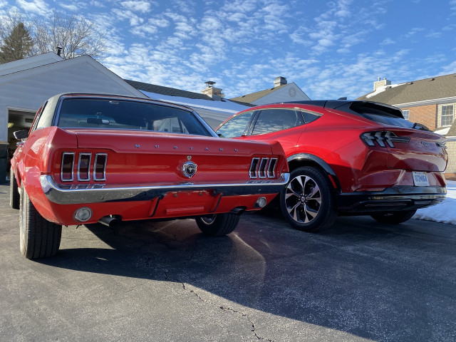 2021 Ford Mustang Mach-E and 1967 Ford Mustang coupe