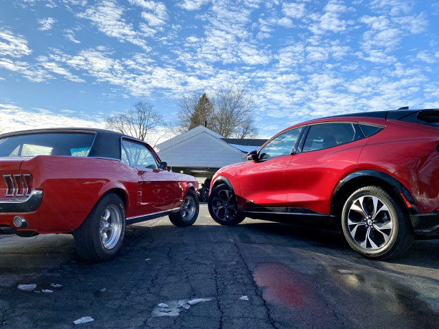 2021 Ford Mustang Mach-E and 1967 Ford Mustang coupe