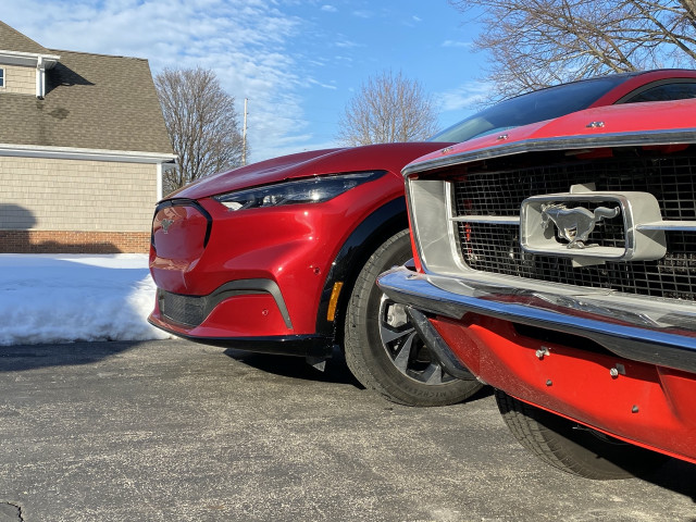 2021 Ford Mustang Mach-E and 1967 Ford Mustang coupe