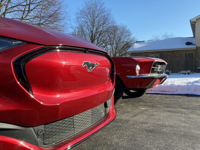 2021 Ford Mustang Mach-E and 1967 Ford Mustang coupe