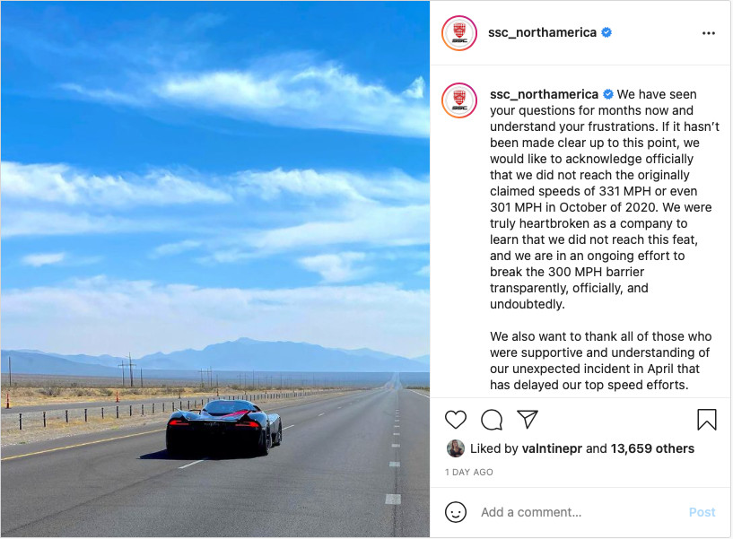 SSC admits didn't break 300 mph on Instagram