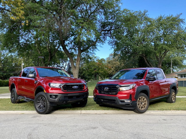 2021 Ford Ranger Tremor, left, and 2021 Honda Ridgeline HPD, right