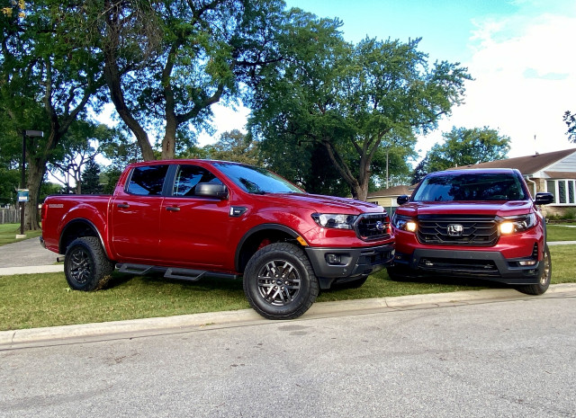 2021 Ford Ranger Tremor, left, and 2021 Honda Ridgeline HPD, right
