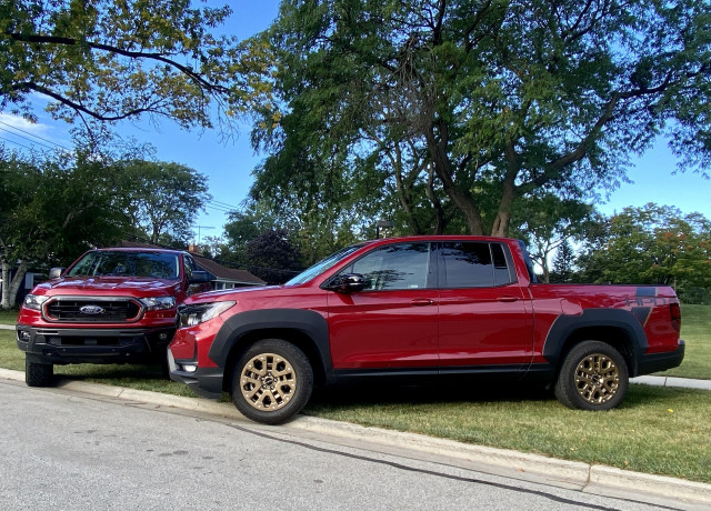 2021 Ford Ranger Tremor, left, and 2021 Honda Ridgeline HPD, right