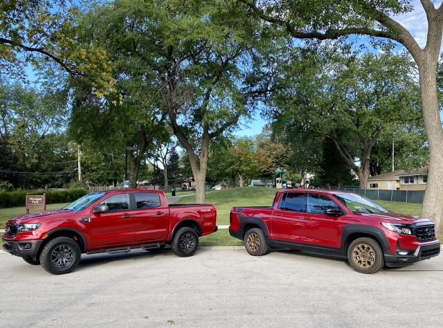2021 Ford Ranger Tremor, left, and 2021 Honda Ridgeline HPD, right