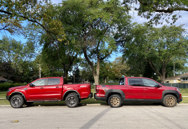 2021 Ford Ranger Tremor, left, and 2021 Honda Ridgeline HPD, right