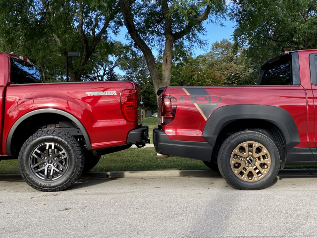 2021 Ford Ranger Tremor, left, and 2021 Honda Ridgeline HPD, right