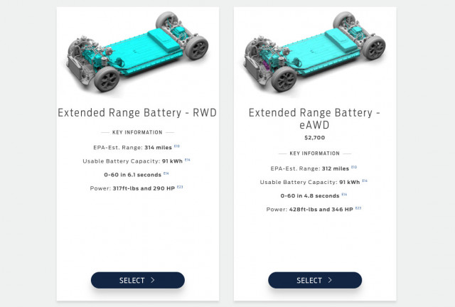 2022 Ford Mustang Mach-E California Route 1 range estimates (from Ford online configurator)