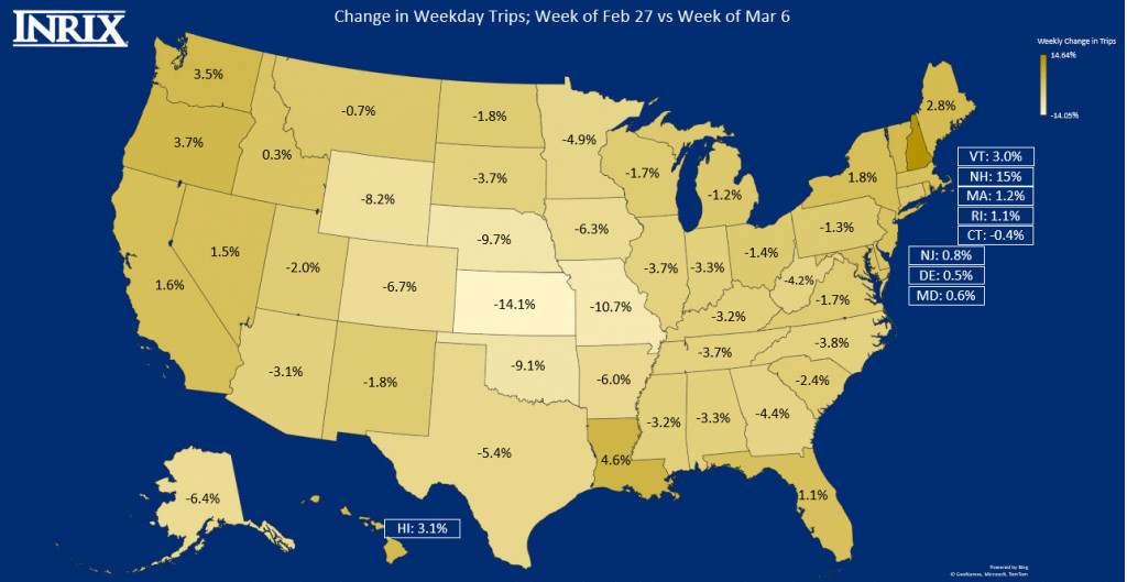 Change in U.S. weekday trips; week of February 27, 2022, vs. March 6, 2022 (credit: Inrix)