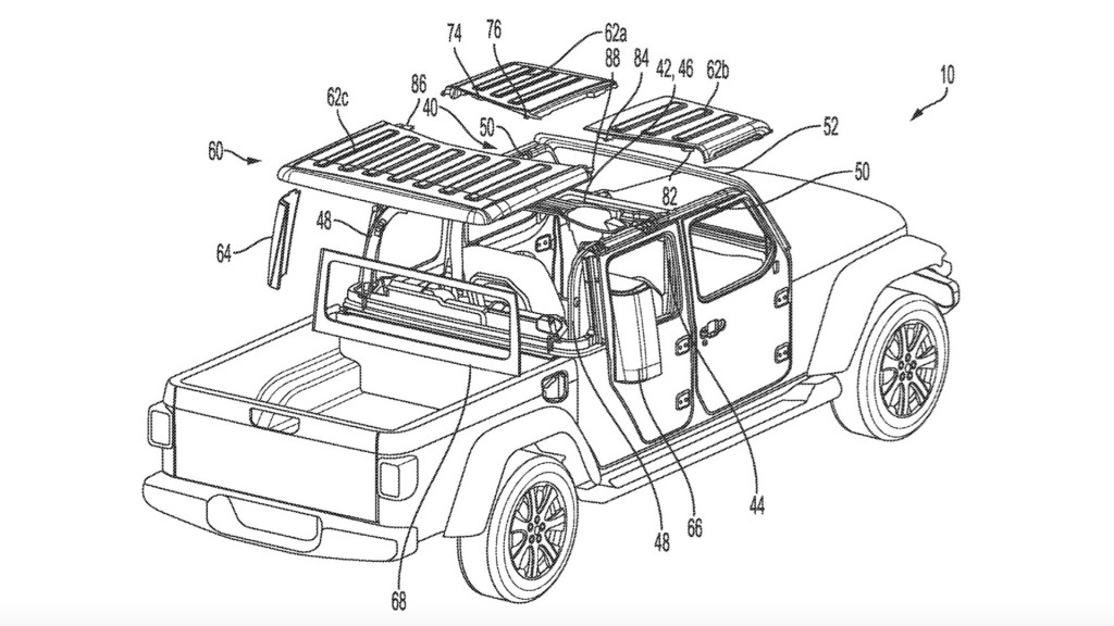 Jeep Gladiator roof panel storage on bed tonneau cover (patent image) Jeep Gladiator roof panel storage on bed tonneau cover (patent image)