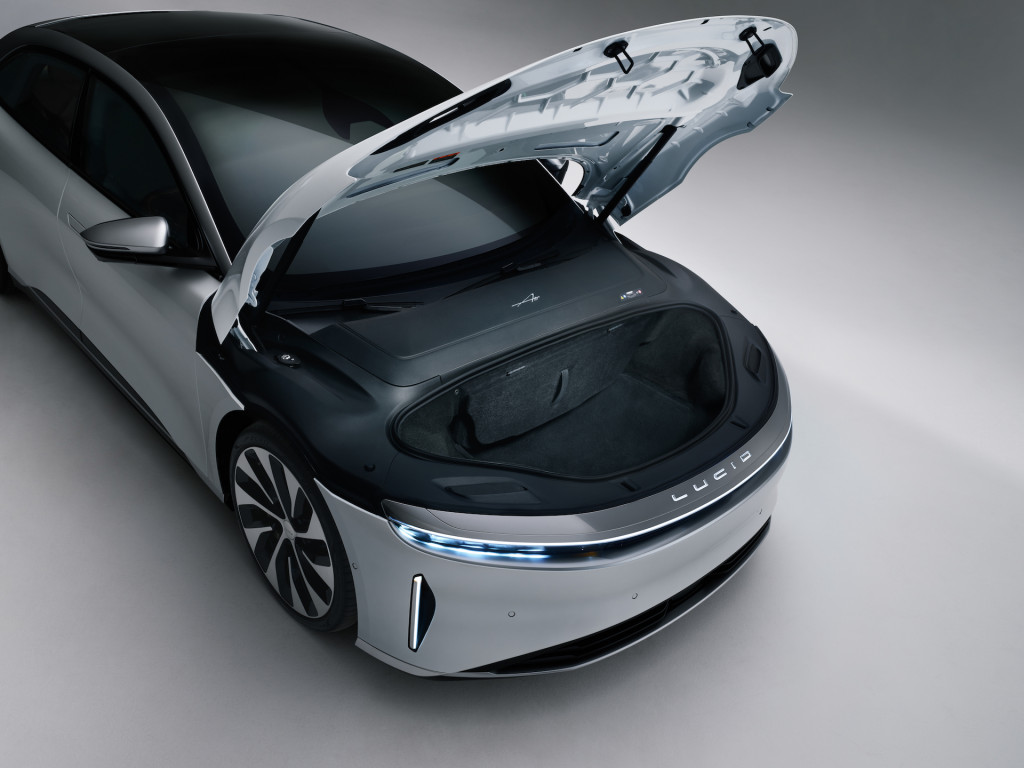 The Lucid Air has 32.1 cubic feet of cargo space between its trunk and frunk. The Lucid Air has 32.1 cubic feet of cargo space between its trunk and frunk.