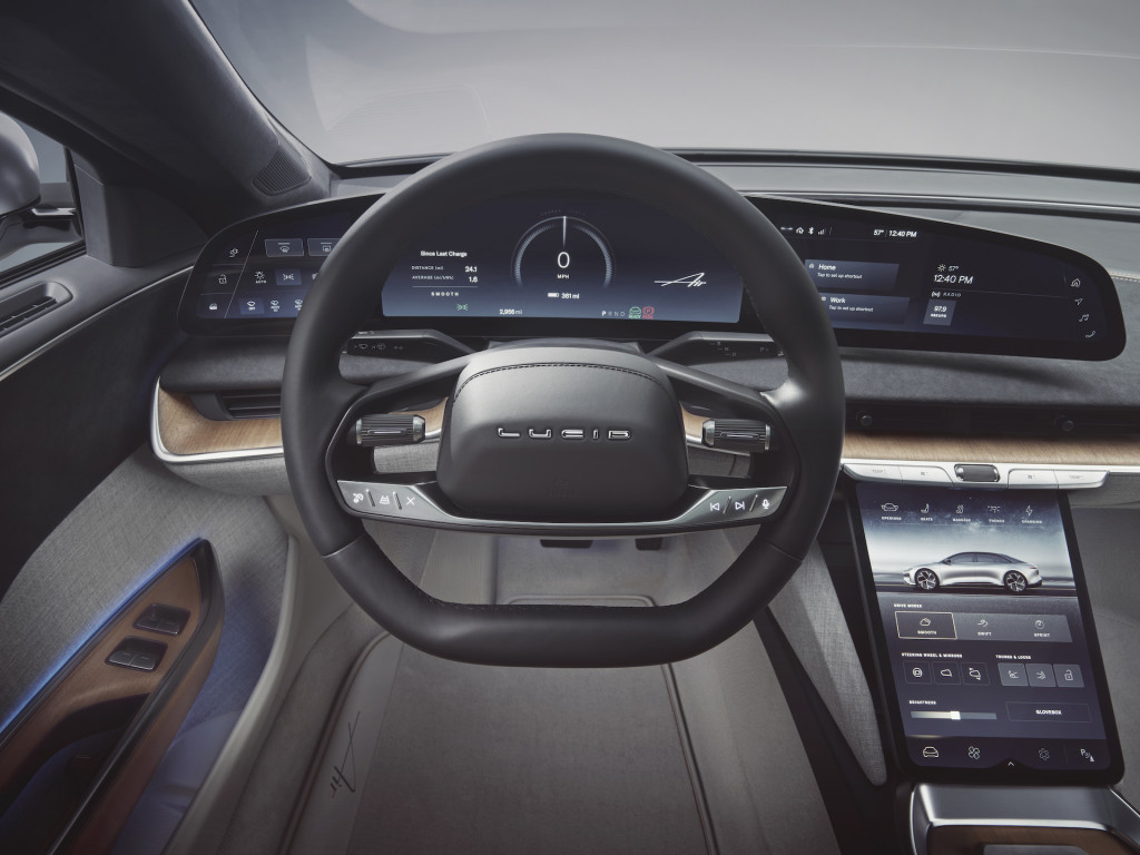 The Lucid Air offers four California-themed interior designs, and high-end versions have a glass canopy roof The Lucid Air offers four California-themed interior designs, and high-end versions have a glass canopy roof