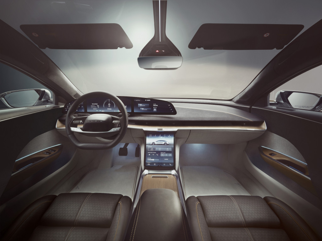 The Lucid Air offers four California-themed interior designs, and high-end versions have a glass canopy roof The Lucid Air offers four California-themed interior designs, and high-end versions have a glass canopy roof