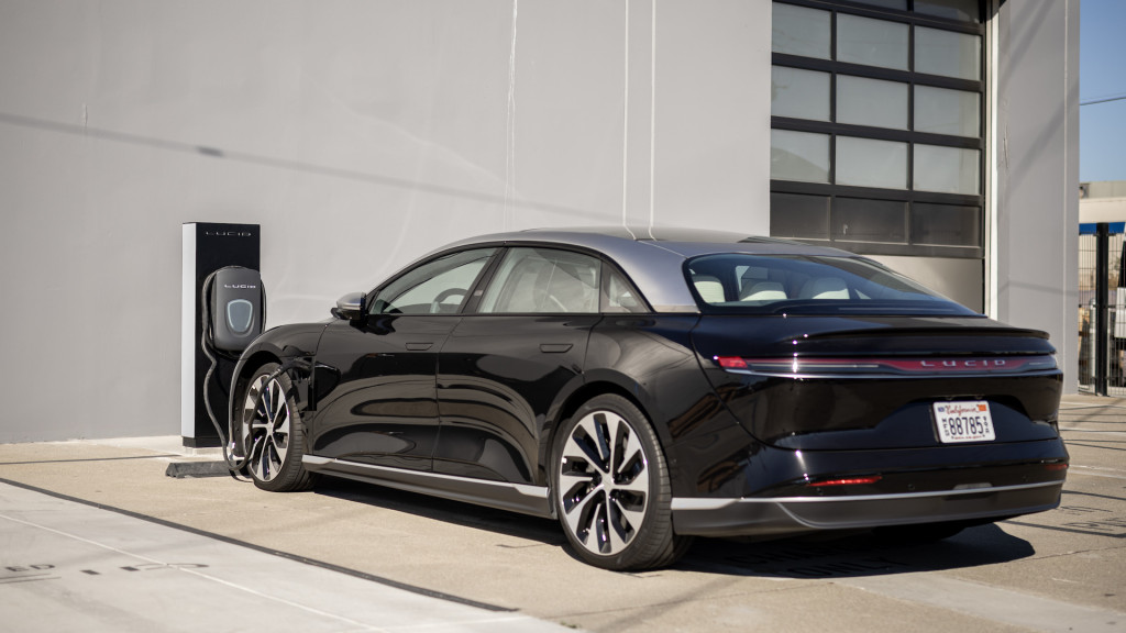 The Lucid Air Grand Touring can DC fast charge at up to 300 kw to replenish its class-leading 516-mile range. The Lucid Air Grand Touring can DC fast charge at up to 300 kw to replenish its class-leading 516-mile range.