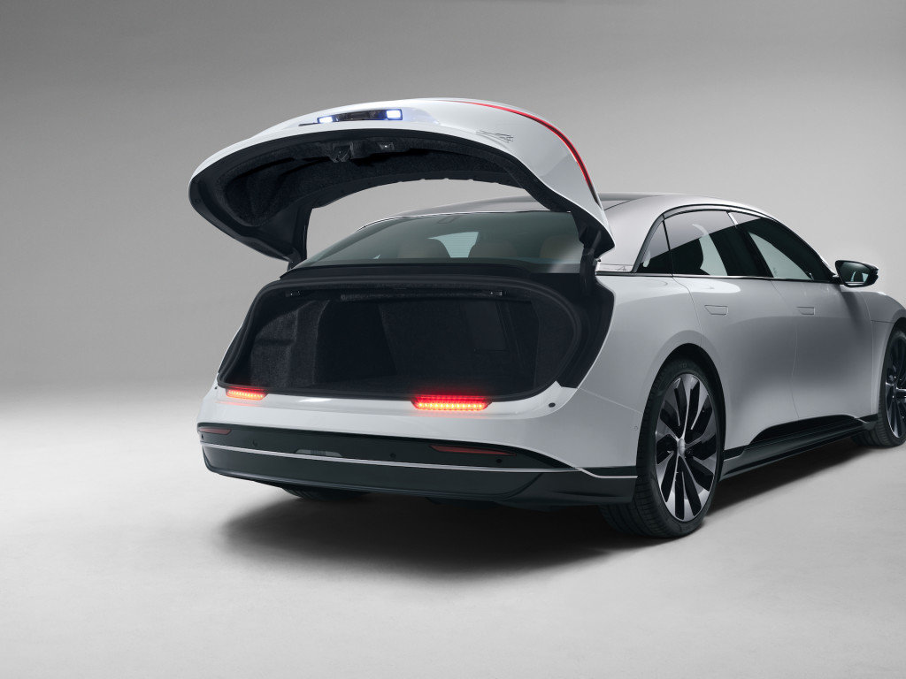 The Lucid Air has 32.1 cubic feet of cargo space between its trunk and frunk. The Lucid Air has 32.1 cubic feet of cargo space between its trunk and frunk.