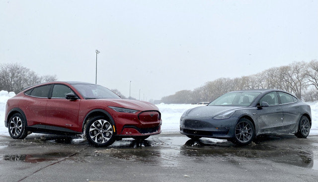 2021 Ford Mustang Mach-E, left, and 2021 Tesla Model 3, right