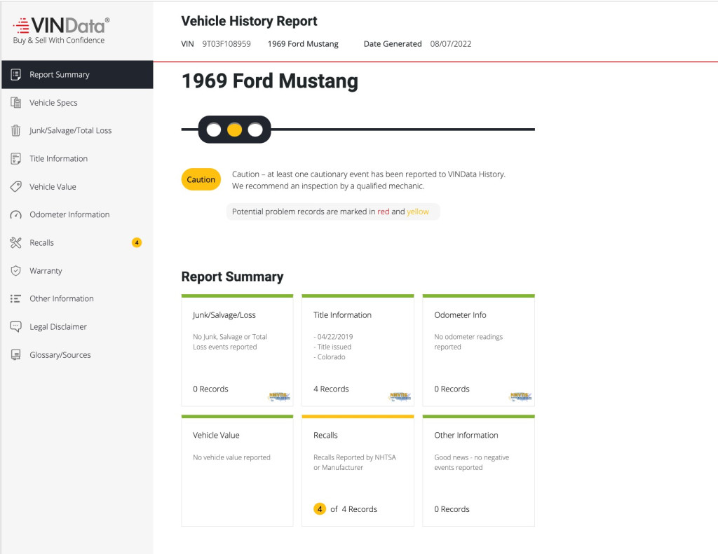 VINData Vehicle History Report