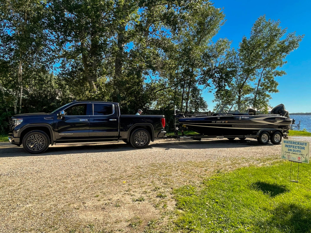 2022 GMC Sierra 1500 Denali Ultimate with 20-feet of fiberglass walleye boat lashed to it 2022 GMC Sierra 1500 Denali Ultimate with 20-feet of fiberglass walleye boat lashed to it