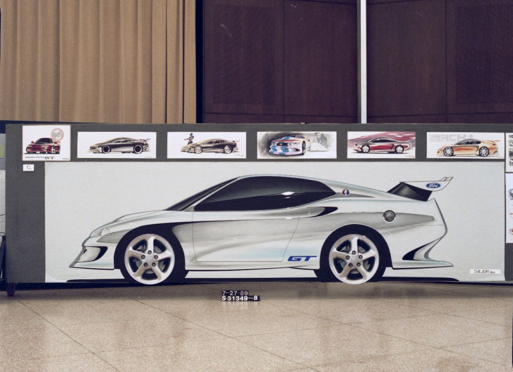 Boasting a tail from the 1970 Fastback, a huge front splitter and deep rear diffuser with rounded styling elsewhere, this looks more Matchbox dream than production reality on this 1994 Mustang concept sketch (Image courtesy of Ford Motor Company) Boasting a tail from the 1970 Fastback, a huge front splitter and deep rear diffuser with rounded styling elsewhere, this looks more Matchbox dream than production reality on this 1994 Mustang concept sketch (Image courtesy of Ford Motor Company)