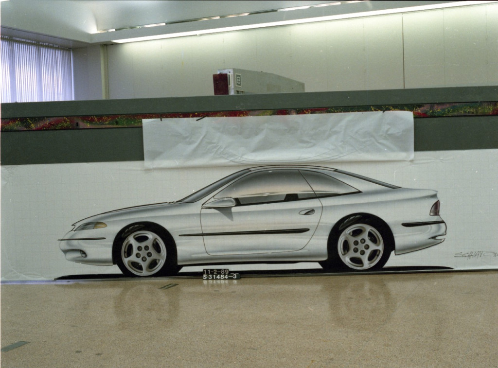 Here we see the first winks of styling that would end up in production for the 1994 Mustang. The overset belt-line connecting with the headlamps and the shape of the taillamps are very familiar (Courtesy of Ford Motor Company) Here we see the first winks of styling that would end up in production for the 1994 Mustang. The overset belt-line connecting with the headlamps and the shape of the taillamps are very familiar (Courtesy of Ford Motor Company)
