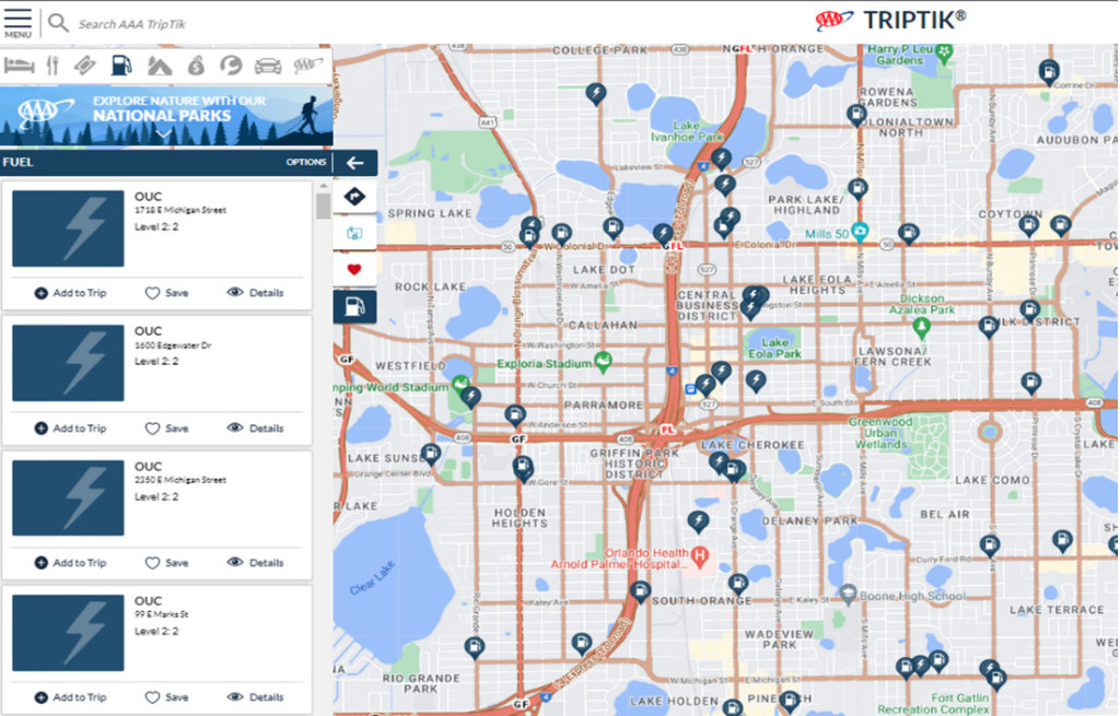 AAA TripTik Planner showing EV charging stations