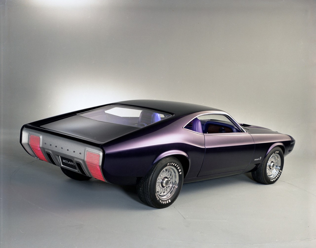 First shown publicly at the February 1970 Chicago Auto Show, the Mustang Milano concept previewed the nearly horizontal rear deck and sharp, extended nose that would be seen on the production 1971 model. However, aside from those two elements, the Milano didn’t really bear much resemblance to any production Mustang. In fact, the car that probably drew most heavily on the Milano profile was the Australian-market Falcon XB coupe of the mid-1970s. (Courtesy of Ford Motor Company)