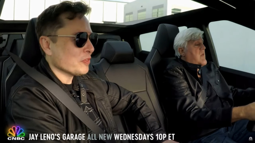 Elon Musk and Jay Leno in Tesla Cybertruck Elon Musk and Jay Leno in Tesla Cybertruck
