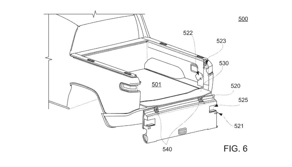 Patent image of Rivian tailgate with gooseneck images