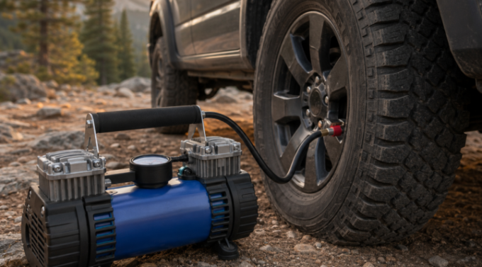 Portable ARB air compressor ready to inflate a Jeep tire.
