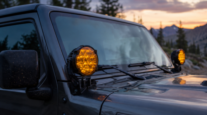 Round KC auxiliary LED lights mounted on a Jeep Wrangler.