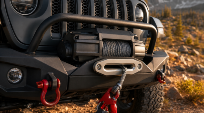 WARN winch mounted to the front bumper of a Jeep Wrangler Rubicon.